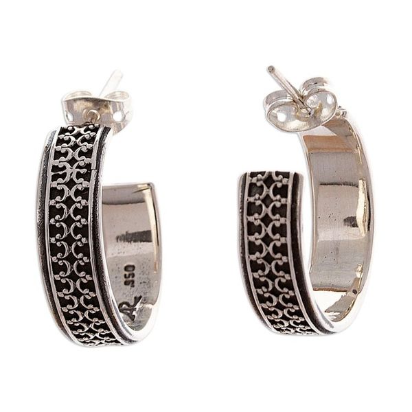Alternate image for Classic Embossed Taxco Silver Half-Hoop Earrings Elegant Fretwork
