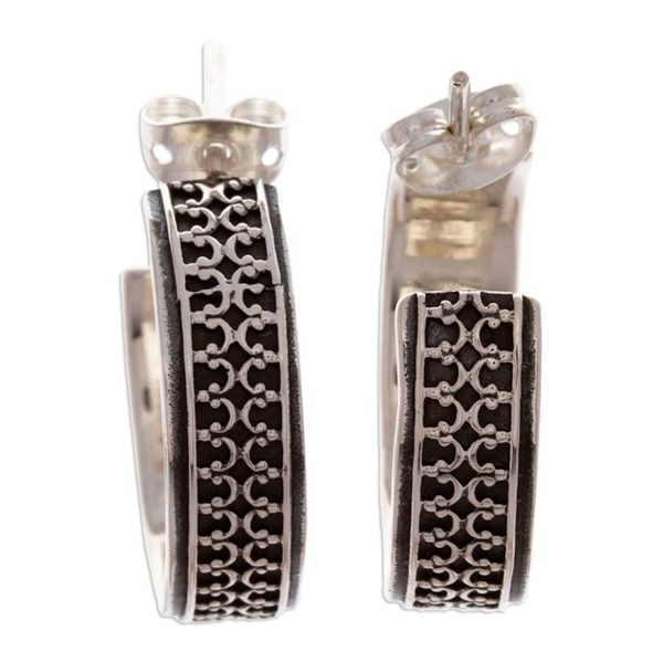 Alternate image for Classic Embossed Taxco Silver Half-Hoop Earrings Elegant Fretwork