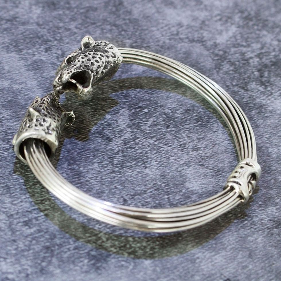 Men's Taxco Sterling Silver Cuff Bracelet with Jaguar Motif 'Majestic Jaguars'