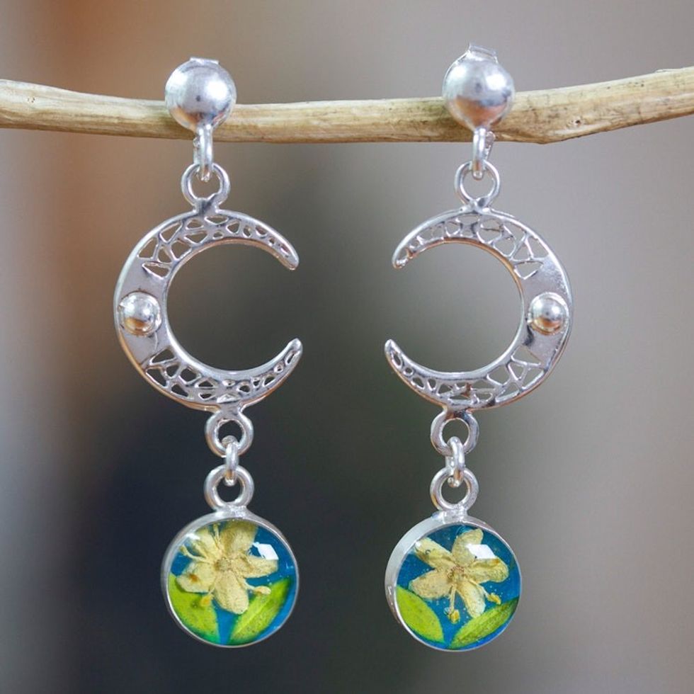 Sterling Silver Moon Dangle Earrings with Natural Flowers 'Spring Moons'