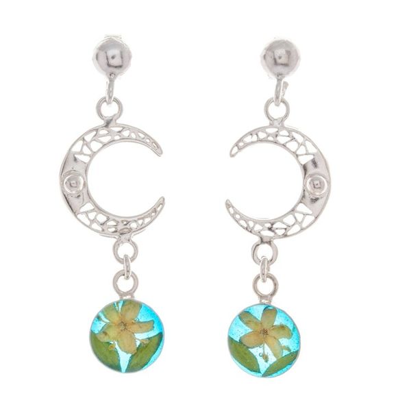 Alternate image for Sterling Silver Moon Dangle Earrings with Natural Flowers Spring Moons