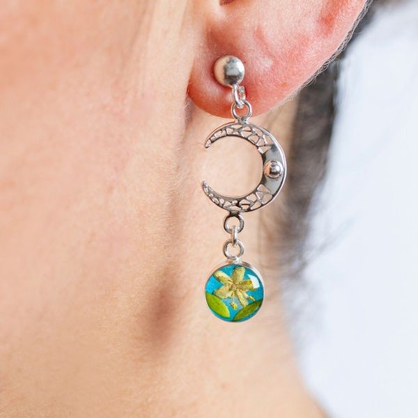 Alternate image for Sterling Silver Moon Dangle Earrings with Natural Flowers Spring Moons