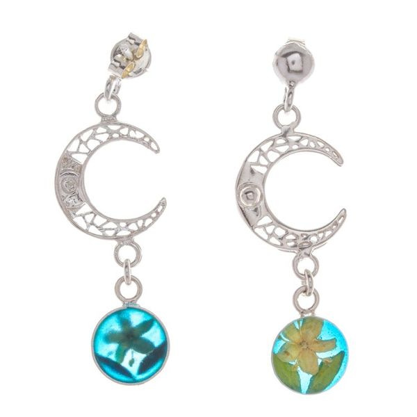 Alternate image for Sterling Silver Moon Dangle Earrings with Natural Flowers Spring Moons