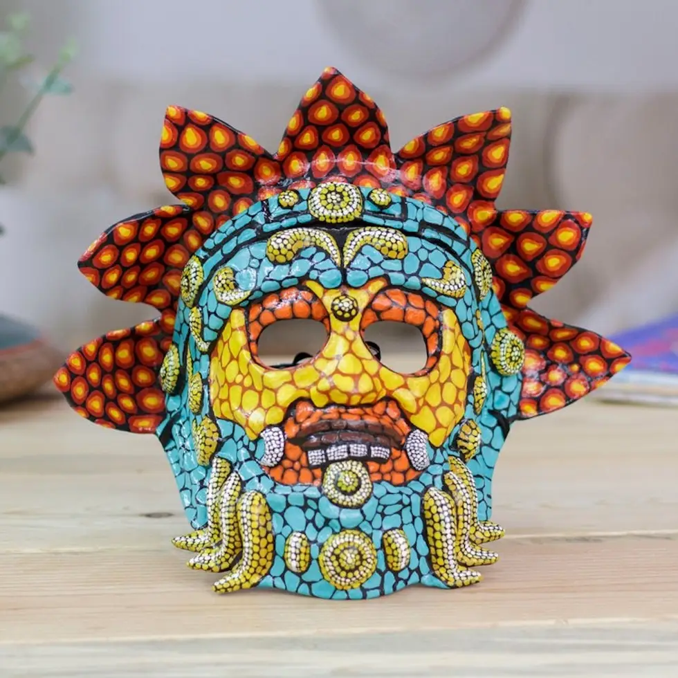Lacquered Hand-Painted Papier Mache Mexican Serpent God Mask 'Kukulkan'