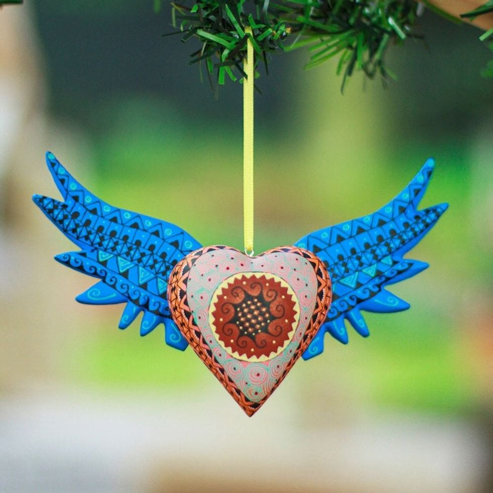 Hand-Painted Copal Wood Winged Heart Ornament in Cyan 'Cyan Wings of the Heart'