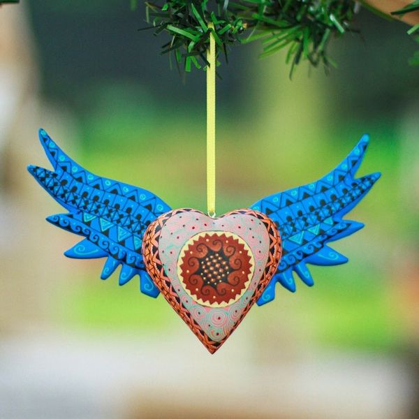 Alternate image for Hand-Painted Copal Wood Winged Heart Ornament in Cyan Cyan Wings of the Heart