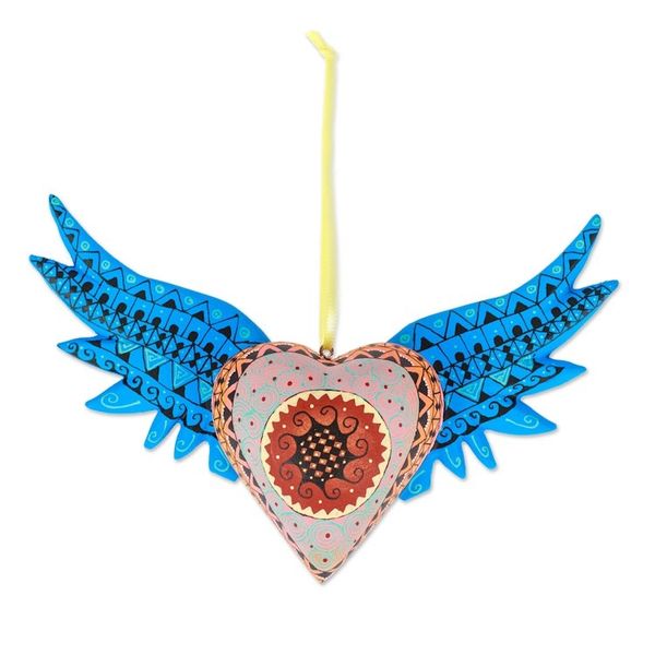 Alternate image for Hand-Painted Copal Wood Winged Heart Ornament in Cyan Cyan Wings of the Heart