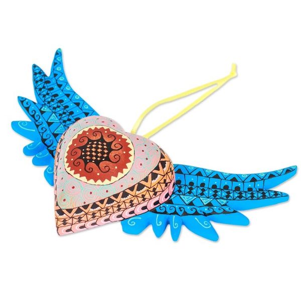 Alternate image for Hand-Painted Copal Wood Winged Heart Ornament in Cyan Cyan Wings of the Heart