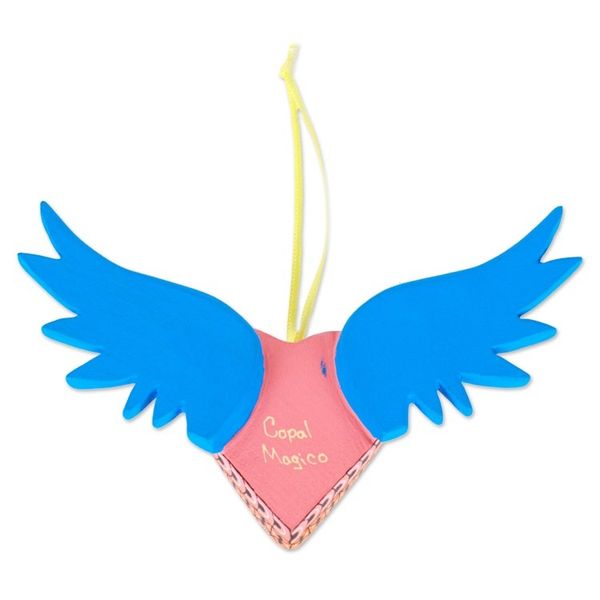 Alternate image for Hand-Painted Copal Wood Winged Heart Ornament in Cyan Cyan Wings of the Heart