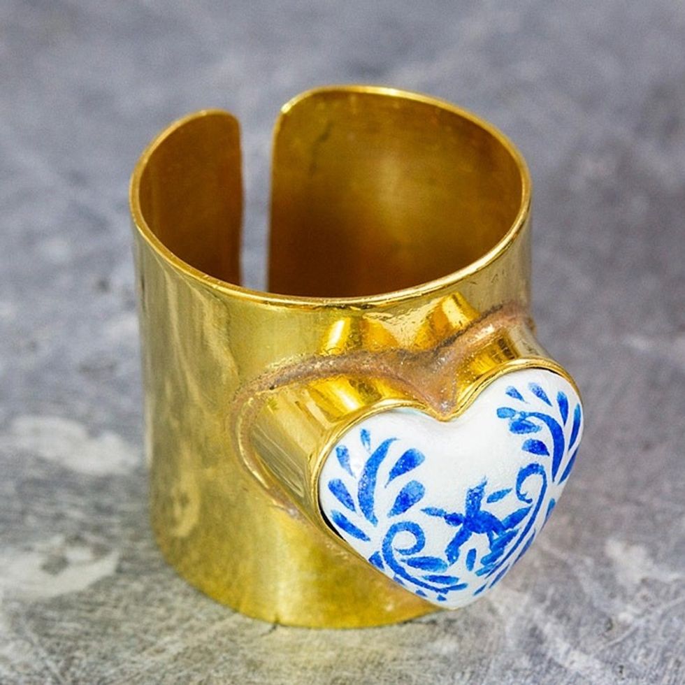 14k Gold-Plated Wrap Ring with Blue Papier Mache Heart 'Blue Affection'