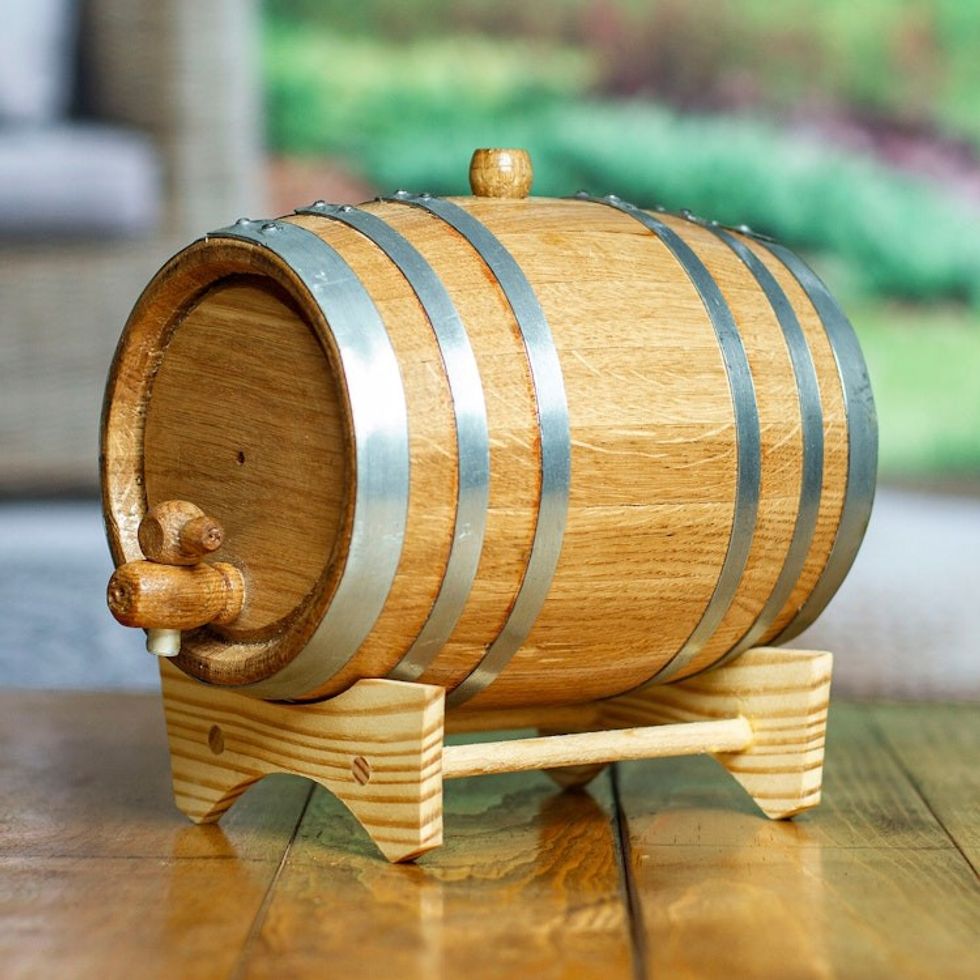 Oak Wood Barrel-Shaped Decanter Handcrafted in Mexico 'Hacienda Harvest'