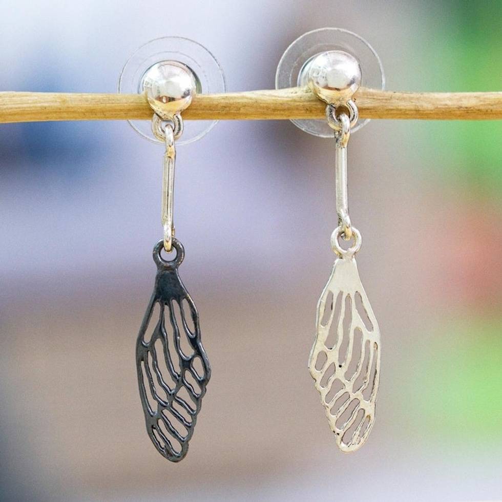 Polished and Oxidized Sterling Silver Wing Dangle Earrings 'Fluttering Sides'