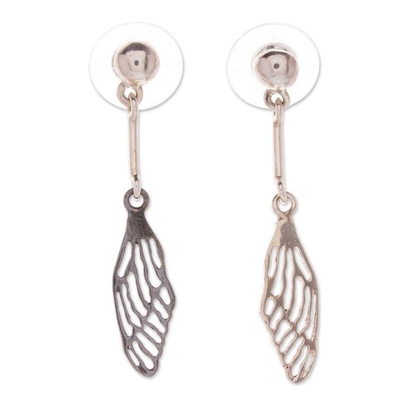 Alternate image for Polished and Oxidized Sterling Silver Wing Dangle Earrings Fluttering Sides