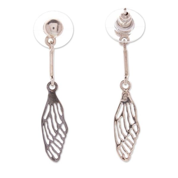 Alternate image for Polished and Oxidized Sterling Silver Wing Dangle Earrings Fluttering Sides