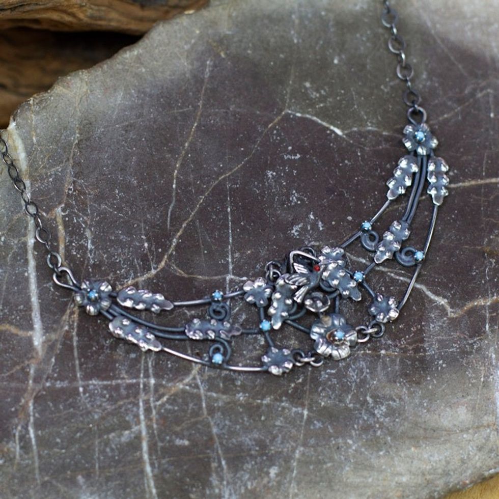 Floral and Leafy Beaded Sterling Silver Pendant Necklace 'Arcadia of Peace'