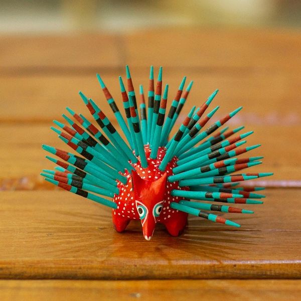 Alternate image for Hand-Painted Wood Alebrije Porcupine Figurine in Red Cute Porcupine in Strawberry