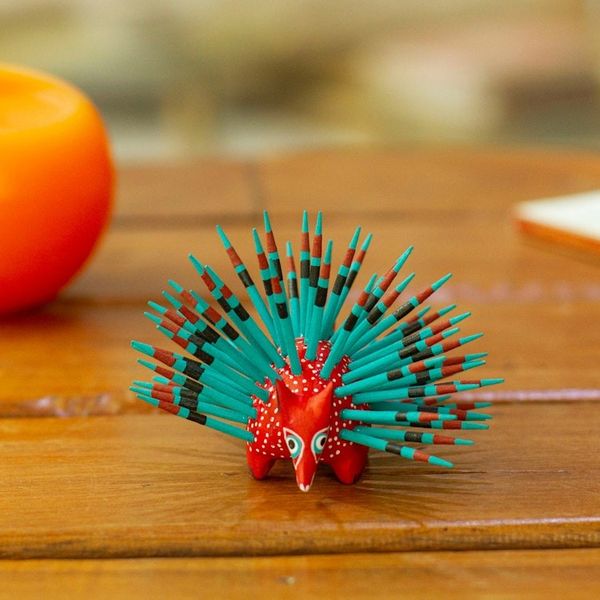 Alternate image for Hand-Painted Wood Alebrije Porcupine Figurine in Red Cute Porcupine in Strawberry