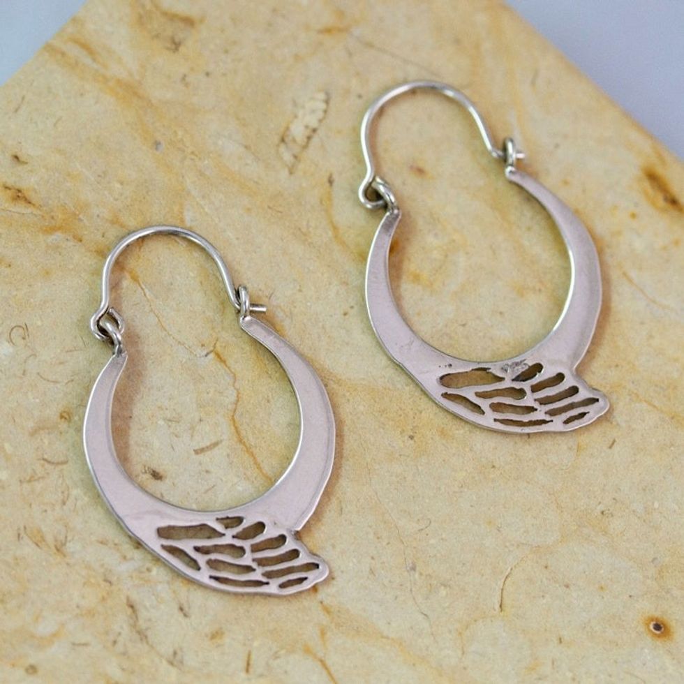 Polished Butterfly Wing-Shaped Sterling Silver Hoop Earrings 'Hopeful Flutter'