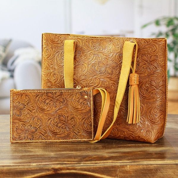 Alternate image for Baroque-Inspired Floral Honey Leather Tote Bag and Wristlet Classic Honey