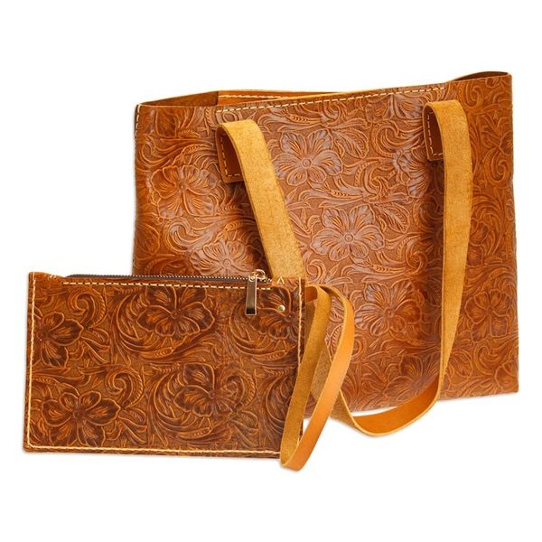Alternate image for Baroque-Inspired Floral Honey Leather Tote Bag and Wristlet Classic Honey