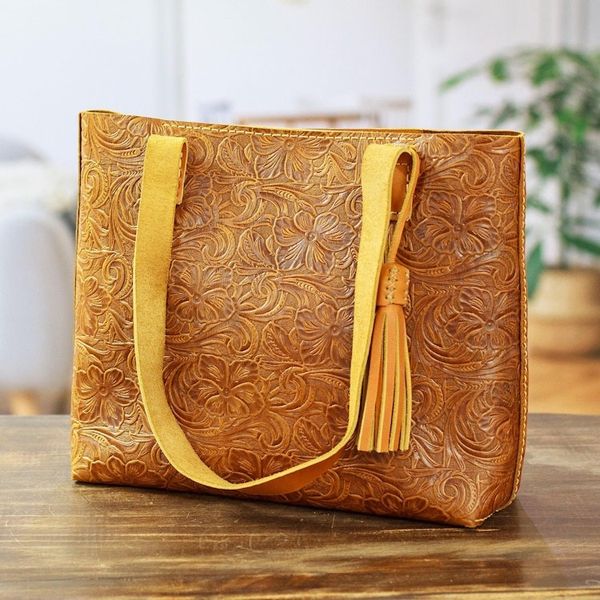 Alternate image for Baroque-Inspired Floral Honey Leather Tote Bag and Wristlet Classic Honey