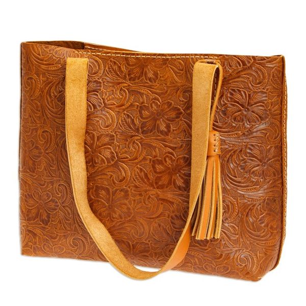 Alternate image for Baroque-Inspired Floral Honey Leather Tote Bag and Wristlet Classic Honey
