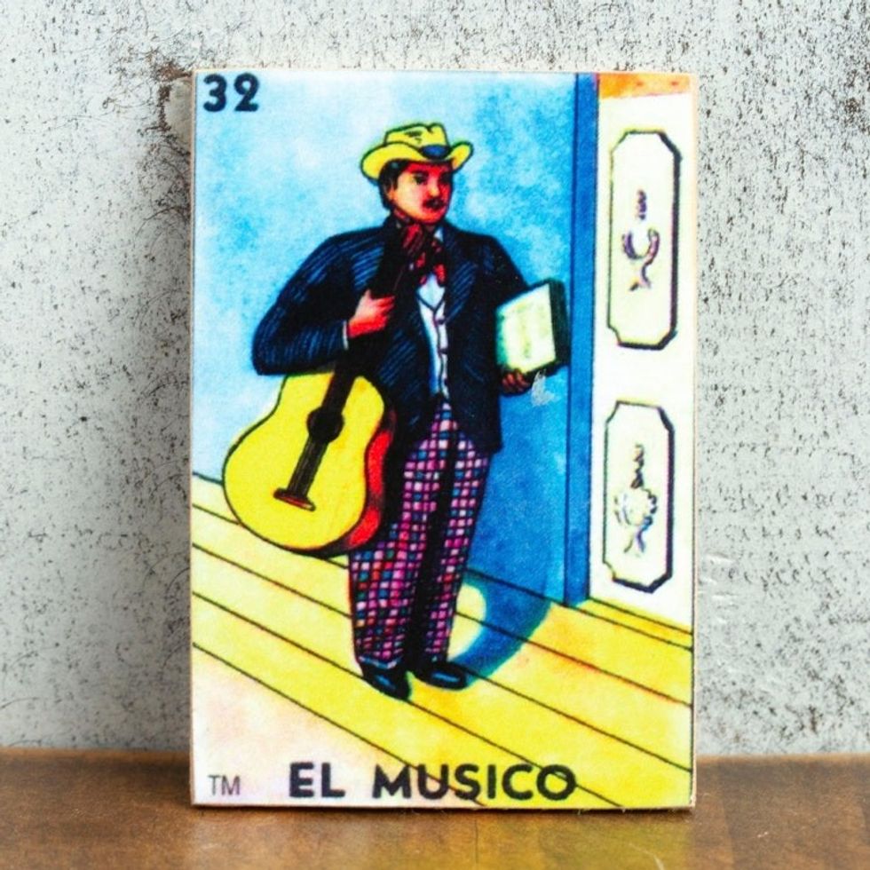 Mexican Wood Magnet with Musical-Themed Decoupage 'Colorful Musician'