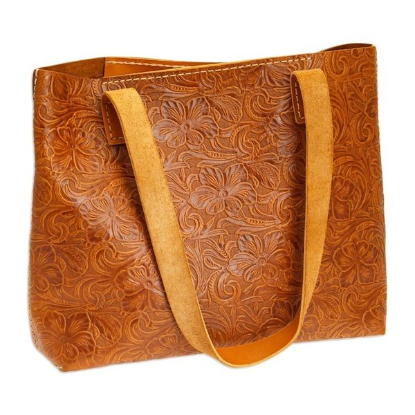 Alternate image for Baroque-Inspired Floral Honey Leather Tote Bag and Wristlet Classic Honey