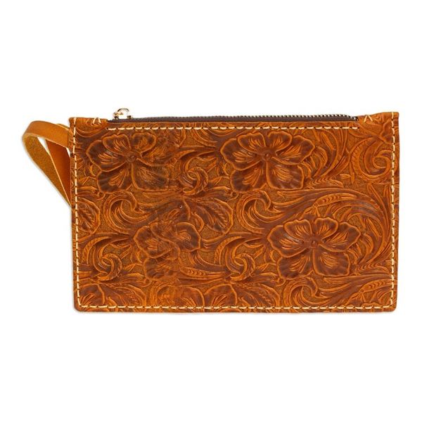 Alternate image for Baroque-Inspired Floral Honey Leather Tote Bag and Wristlet Classic Honey