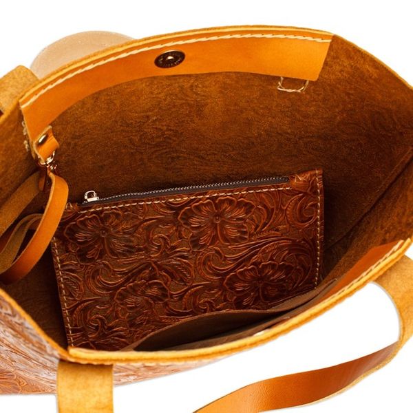 Alternate image for Baroque-Inspired Floral Honey Leather Tote Bag and Wristlet Classic Honey