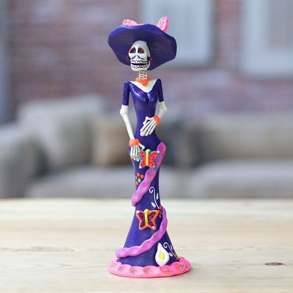 Alternate image for Painted Butterfly Lady Catrina Ceramic Sculpture in Blue Lady Catrina at Night