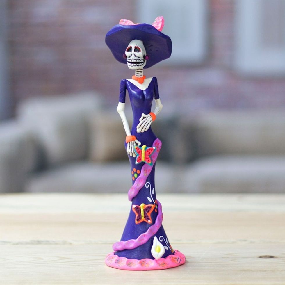 Painted Butterfly Lady Catrina Ceramic Sculpture in Blue 'Lady Catrina at Night'