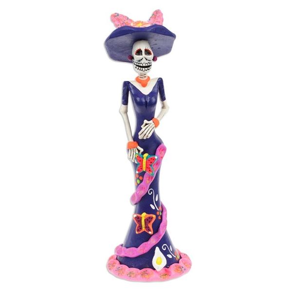 Alternate image for Painted Butterfly Lady Catrina Ceramic Sculpture in Blue Lady Catrina at Night