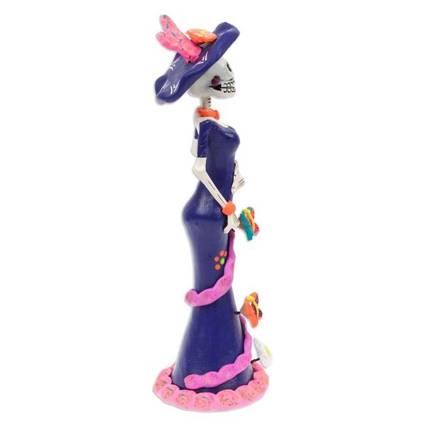Alternate image for Painted Butterfly Lady Catrina Ceramic Sculpture in Blue Lady Catrina at Night