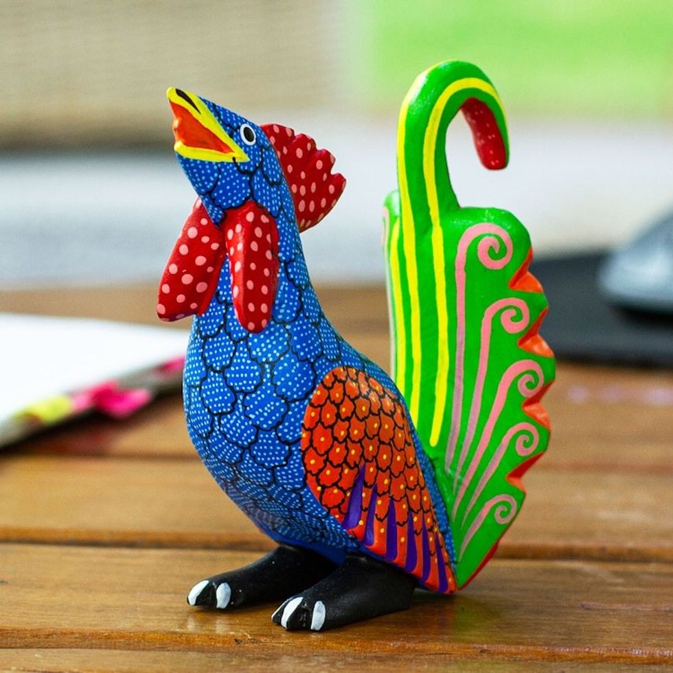Wood Rooster Alebrije Figurine Carved and Painted by Hand 'Imposing Rooster'