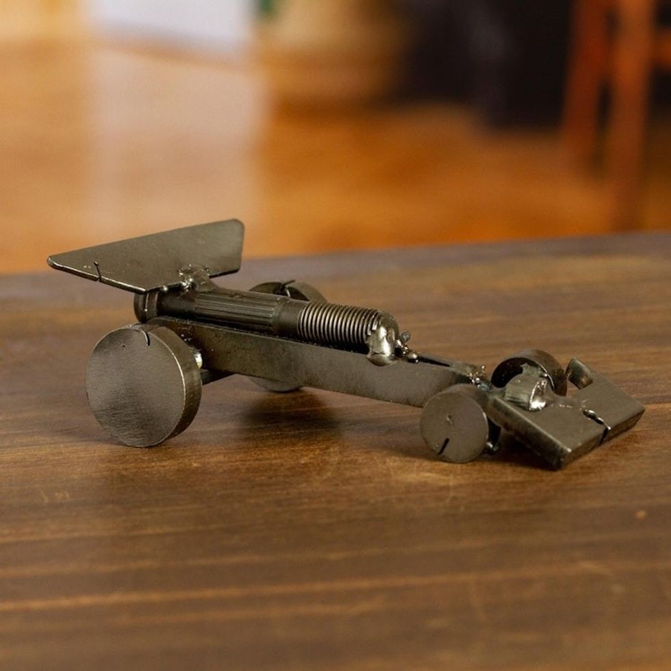 Handcrafted Recycled Scrap Metal Formula One Statuette 'Eco-Friendly Formula'