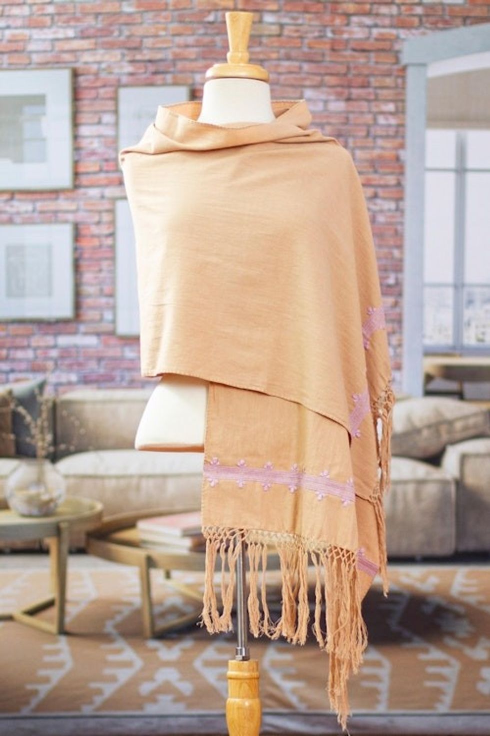 Pink Embroidered Cotton Shawl in a Solid Caramel Hue 'Empress's Pink Spirit'