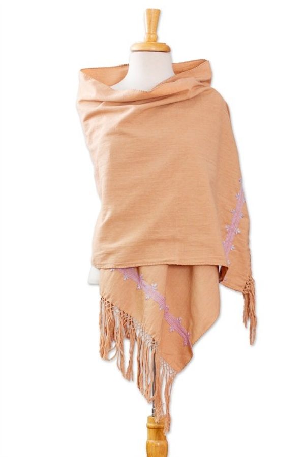 Alternate image for Pink Embroidered Cotton Shawl in a Solid Caramel Hue Empresss Pink Spirit