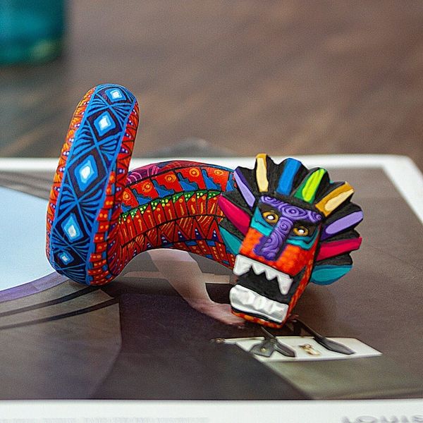 Alternate image for Painted Orange and Blue Quetzalcoatl Copal Wood Figurine Orange Quetzalcoatl Spirit