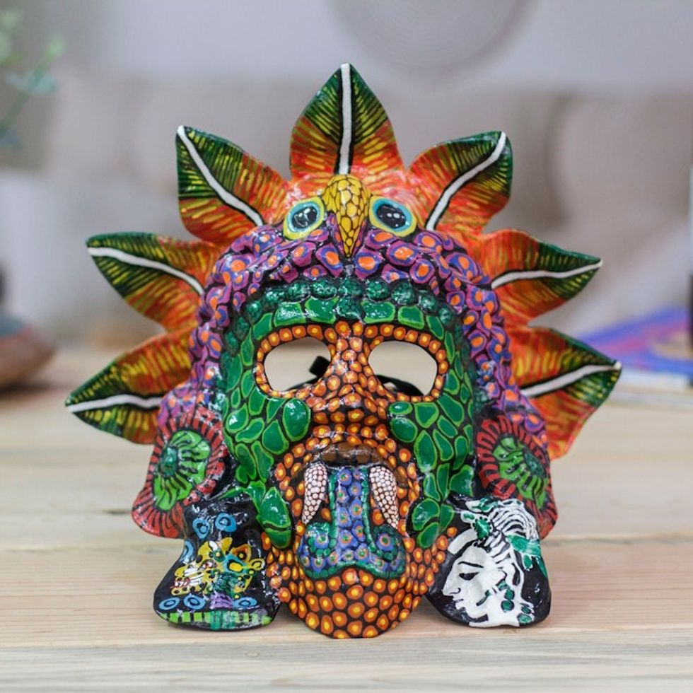 Mexican God of Fire Lacquered Hand-Painted Papier Mache Mask 'Jaguar Fire Huehueteotl'