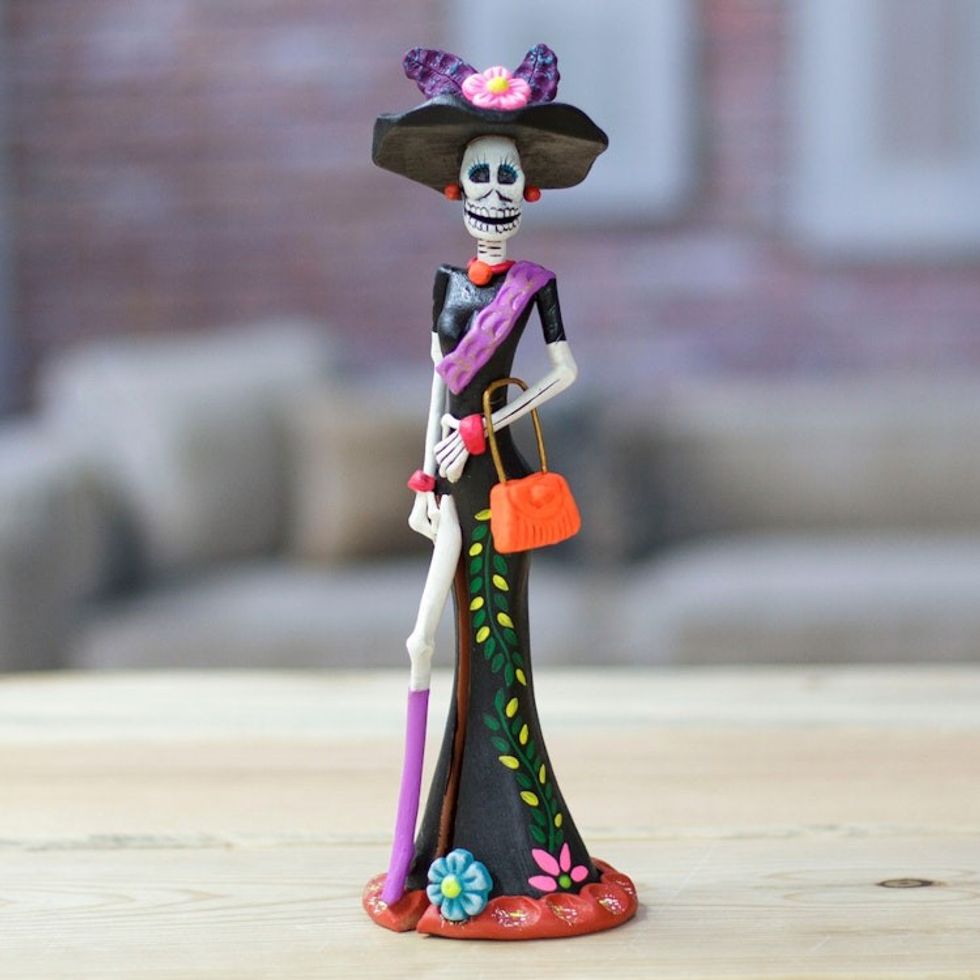 Hand-Painted Floral Lady Catrina Ceramic Sculpture in Black 'Lady Catrina at the Gala'