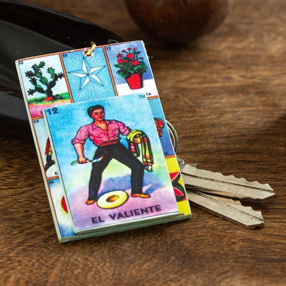 Decoupage Wooden Keychain With Mexican Loteria Game Motif 'The Brave One'