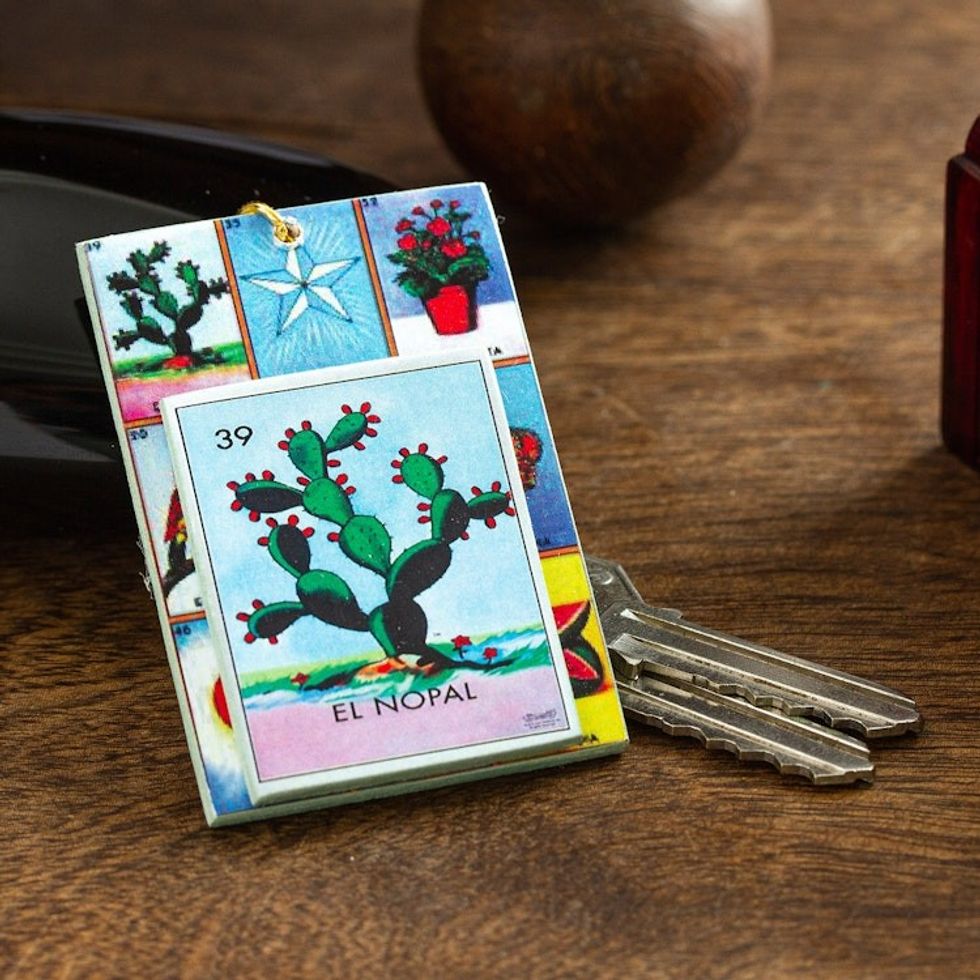 Decoupage Wooden Keychain With Mexican Loteria Game Motif 'The Nopal'