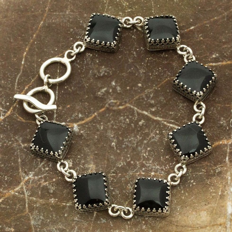 Obsidian and Silver Link Bracelet from Mexico 'Geometric Obsidian'