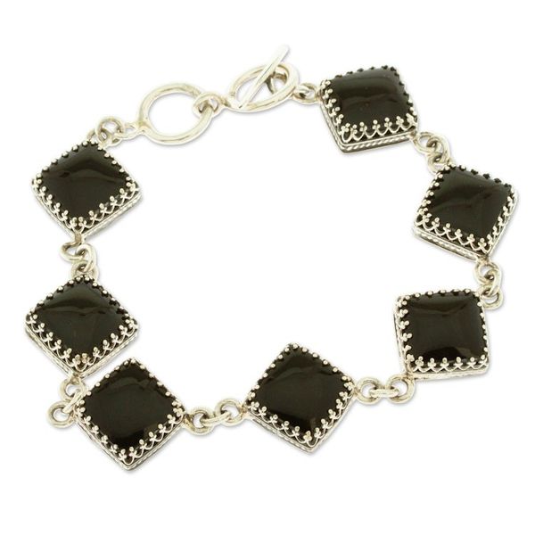 Alternate image for Obsidian and Silver Link Bracelet from Mexico Geometric Obsidian
