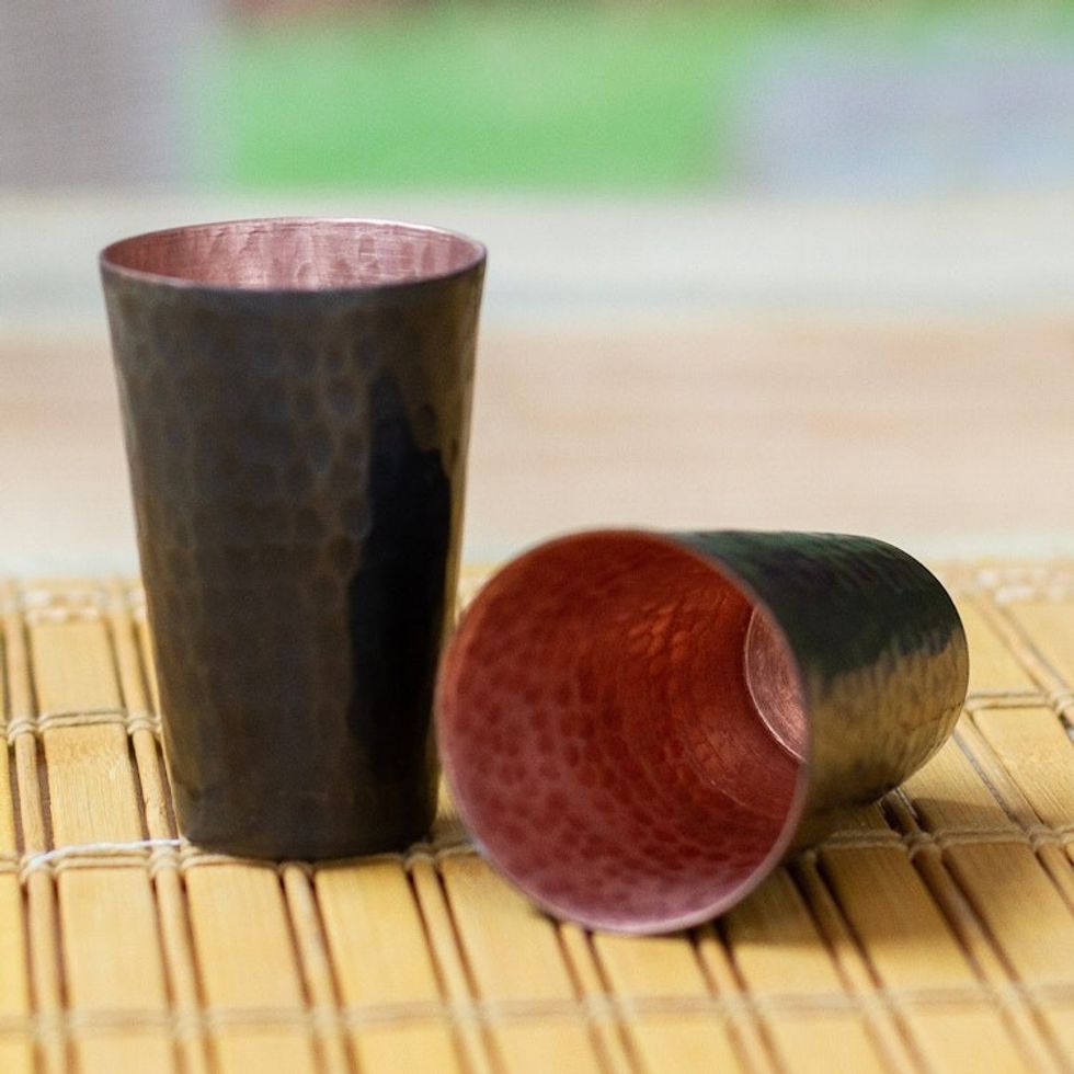 Black Hammered Oxidized Recycled Copper Tequila Cup Pair 'Drinking Pleasure'