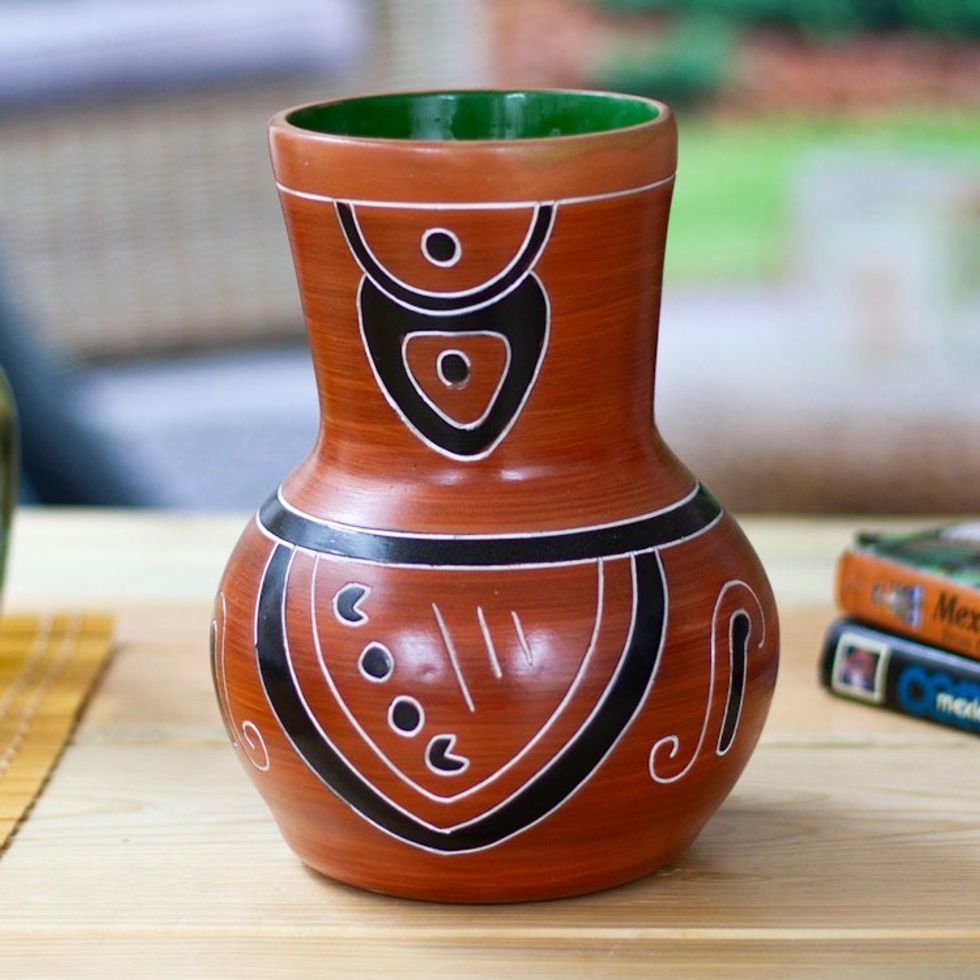Traditional Folk Art Brown and Green Ceramic Decorative Vase 'Treasure of Majesty'