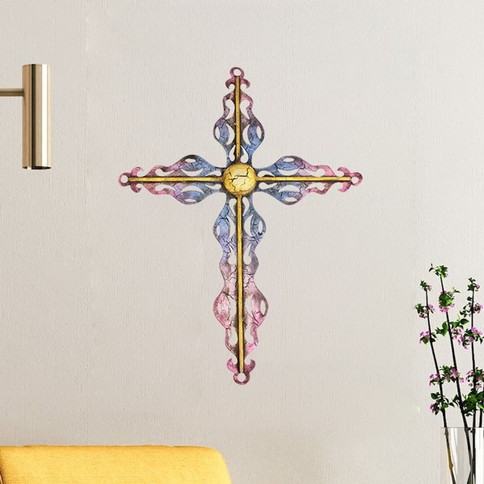 Hand-Painted Crackled Openwork Blue Steel Cross Wall Art 'Splendid Cross'