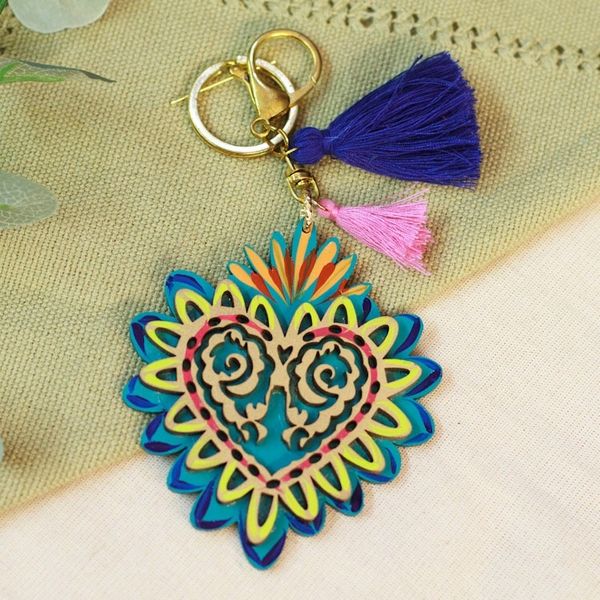 Alternate image for Hand-Painted Wood Heart Keychain Bag Charm with Tassels Shimmering Heart