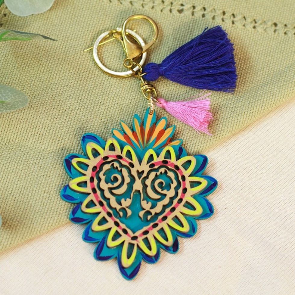 Hand-Painted Wood Heart Keychain Bag Charm with Tassels 'Shimmering Heart'
